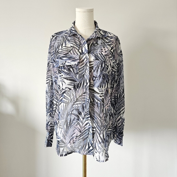 Simon Chang Tops - Simon Chang Xs Leaf Print Sheer Blouse Long Sleeve Button Up